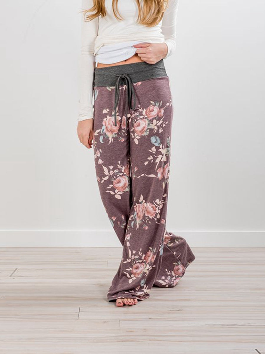 Women's Comfy Casual Pajama Pants Floral Print Drawstring Palazzo Lounge Pants Wide Leg