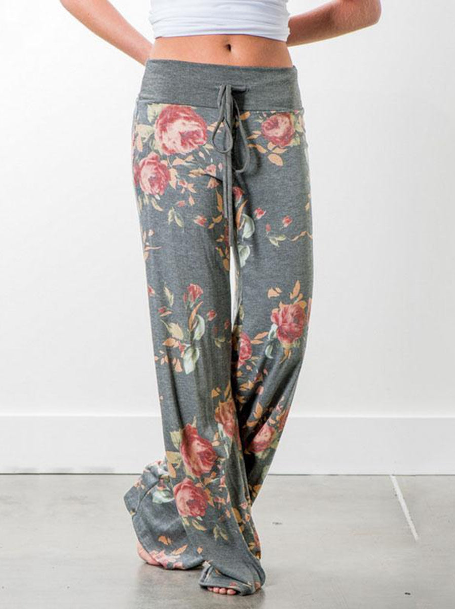 Women's Comfy Casual Pajama Pants Floral Print Drawstring Palazzo Lounge Pants Wide Leg