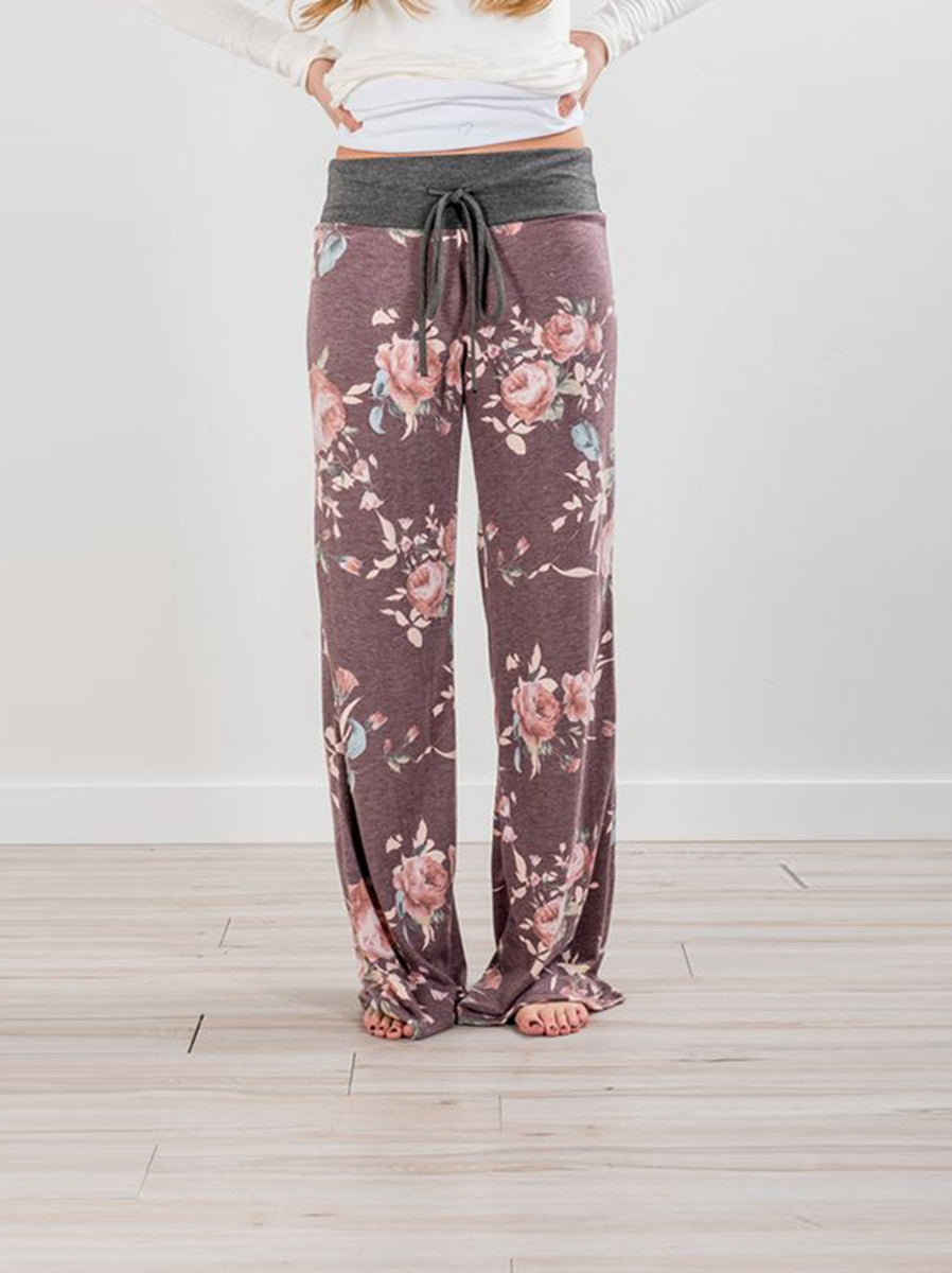 Women's Comfy Casual Pajama Pants Floral Print Drawstring Palazzo Lounge Pants Wide Leg
