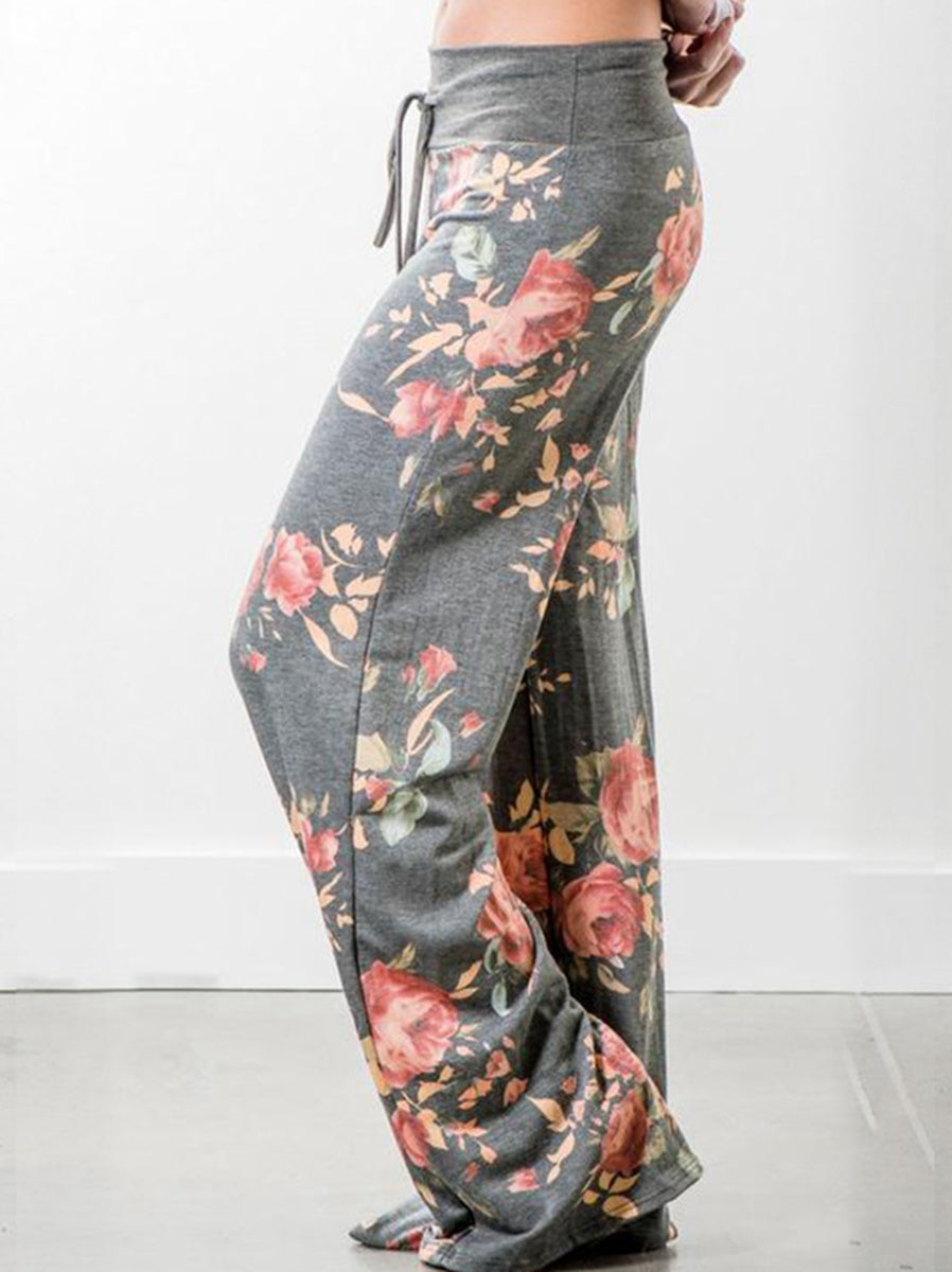 Women's Comfy Casual Pajama Pants Floral Print Drawstring Palazzo Lounge Pants Wide Leg