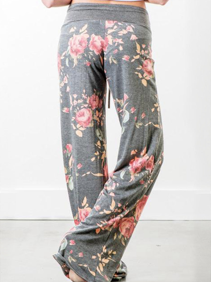 Women's Comfy Casual Pajama Pants Floral Print Drawstring Palazzo Lounge Pants Wide Leg