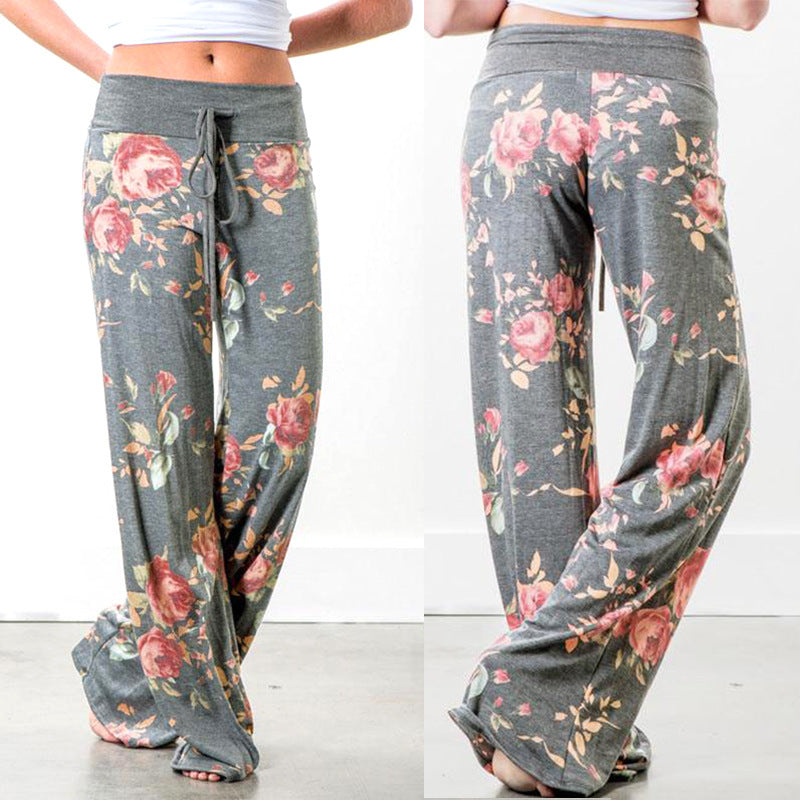 Women's Comfy Casual Pajama Pants Floral Print Drawstring Palazzo Lounge Pants Wide Leg