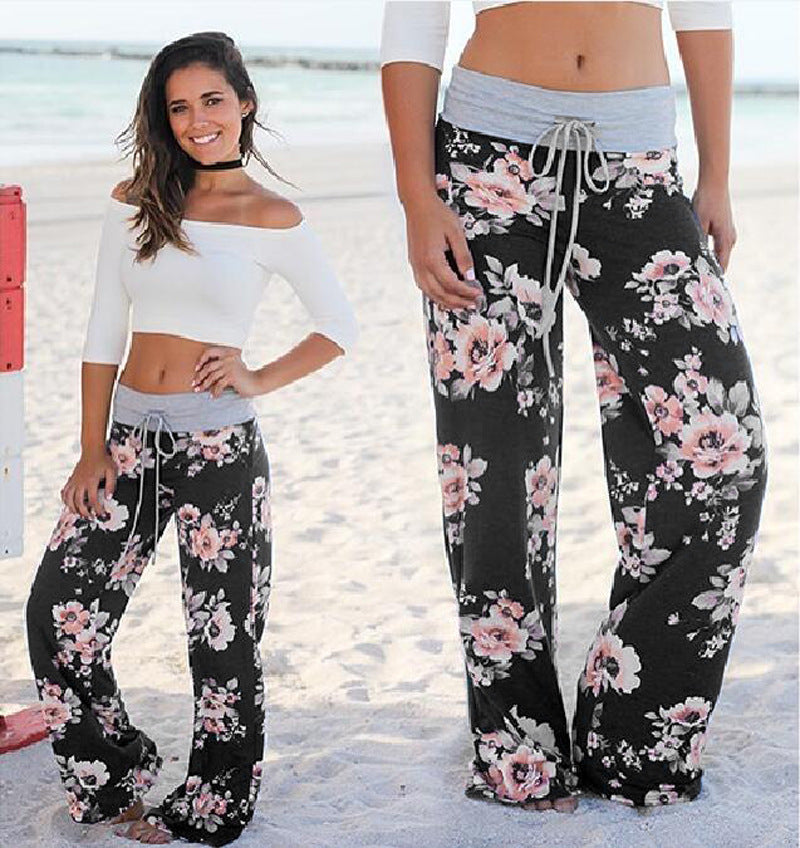 Women's Comfy Casual Pajama Pants Floral Print Drawstring Palazzo Lounge Pants Wide Leg