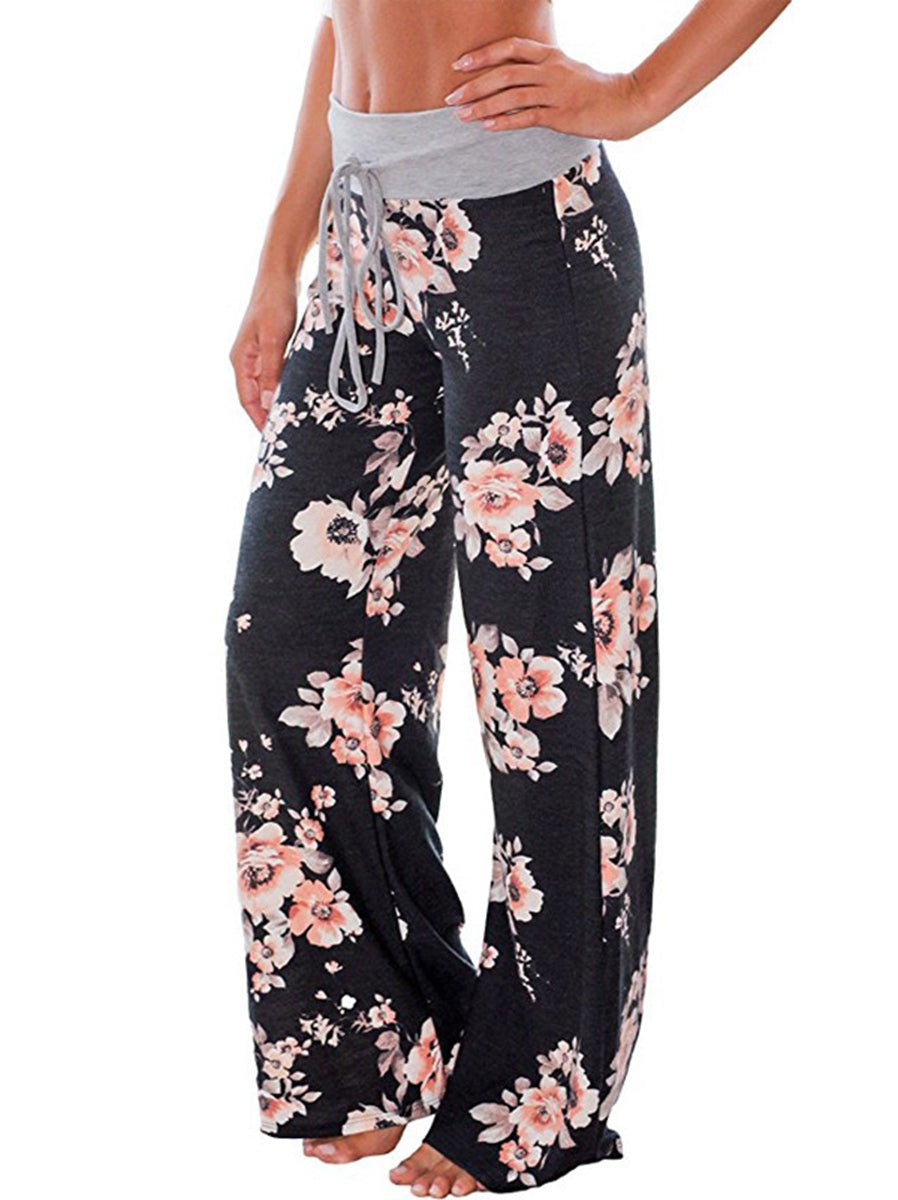 Women's Comfy Casual Pajama Pants Floral Print Drawstring Palazzo Lounge Pants Wide Leg