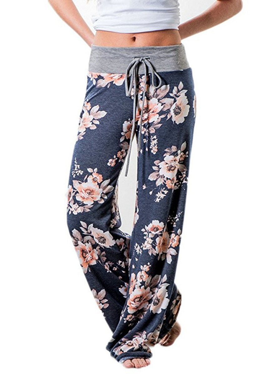 Women's Comfy Casual Pajama Pants Floral Print Drawstring Palazzo Lounge Pants Wide Leg