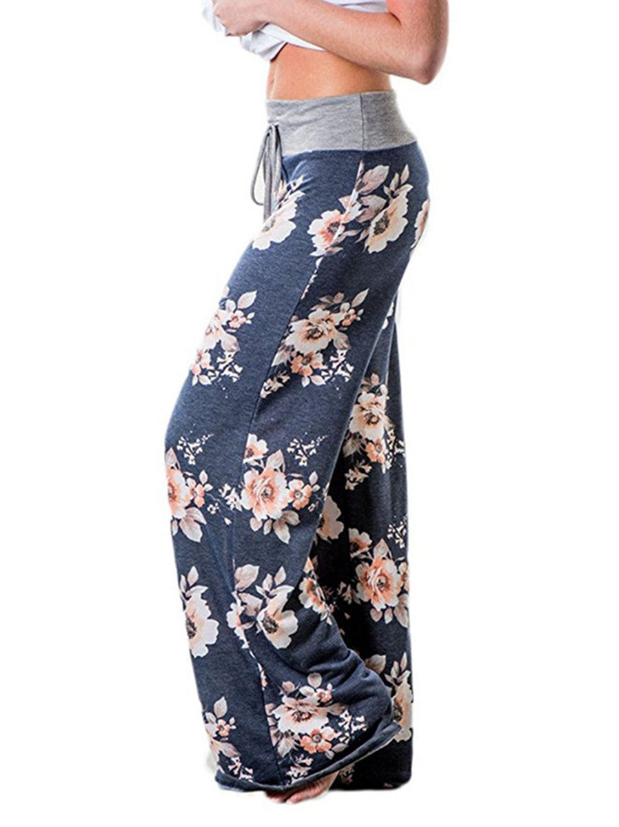 Women's Comfy Casual Pajama Pants Floral Print Drawstring Palazzo Lounge Pants Wide Leg