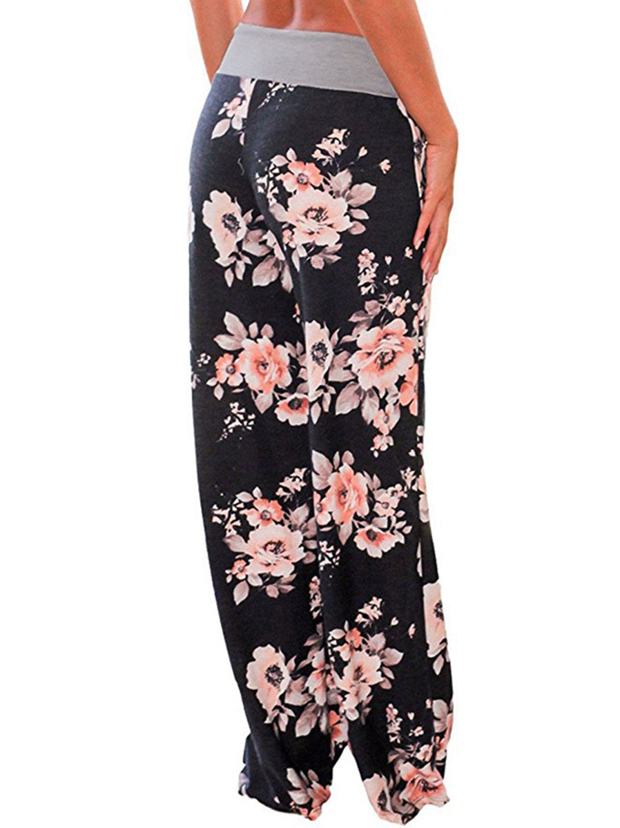 Women's Comfy Casual Pajama Pants Floral Print Drawstring Palazzo Lounge Pants Wide Leg