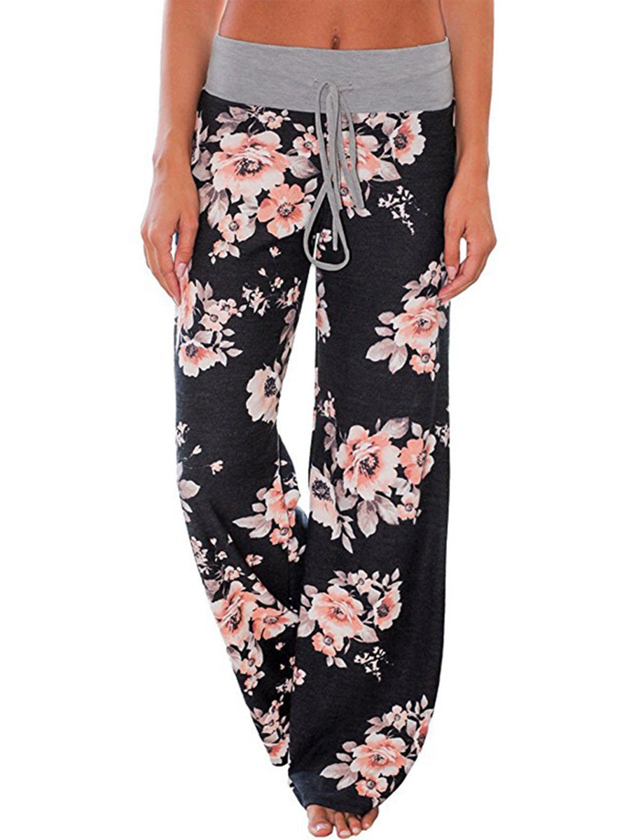 Women's Comfy Casual Pajama Pants Floral Print Drawstring Palazzo Lounge Pants Wide Leg