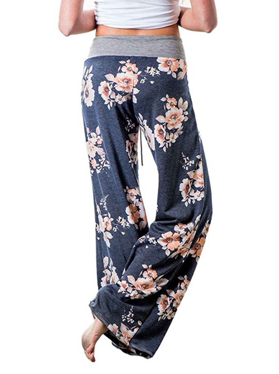 Women's Comfy Casual Pajama Pants Floral Print Drawstring Palazzo Lounge Pants Wide Leg