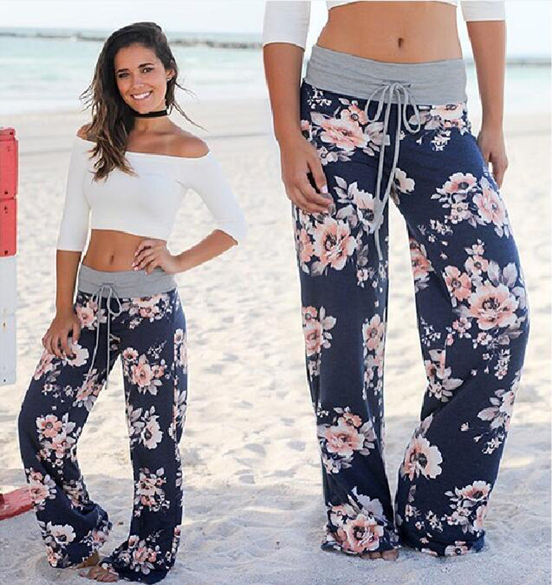 Women's Comfy Casual Pajama Pants Floral Print Drawstring Palazzo Lounge Pants Wide Leg