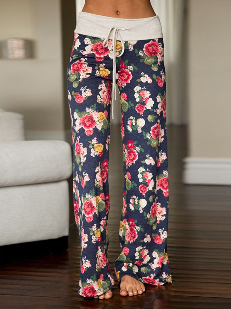 Women's Comfy Casual Pajama Pants Floral Print Drawstring Palazzo Lounge Pants Wide Leg
