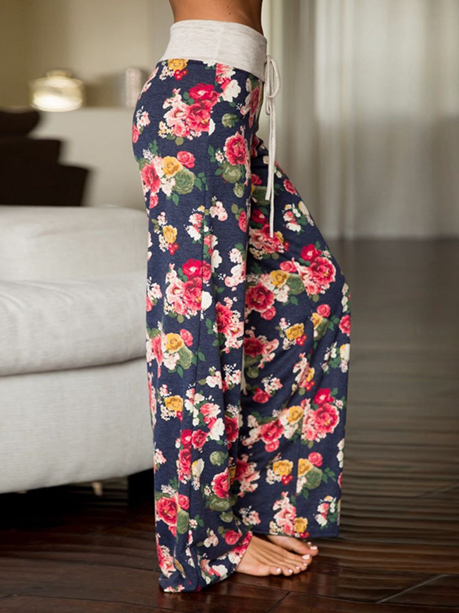 Women's Comfy Casual Pajama Pants Floral Print Drawstring Palazzo Lounge Pants Wide Leg