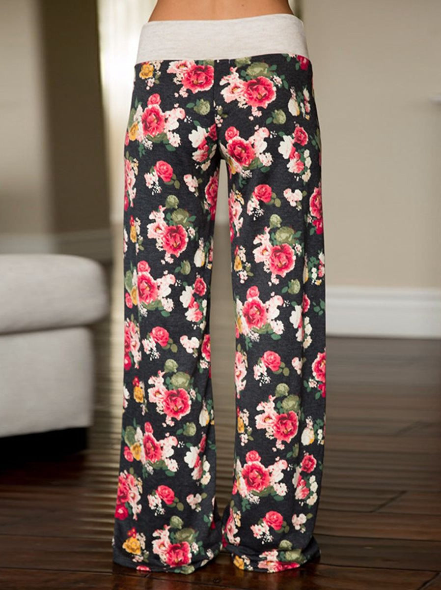 Women's Comfy Casual Pajama Pants Floral Print Drawstring Palazzo Lounge Pants Wide Leg