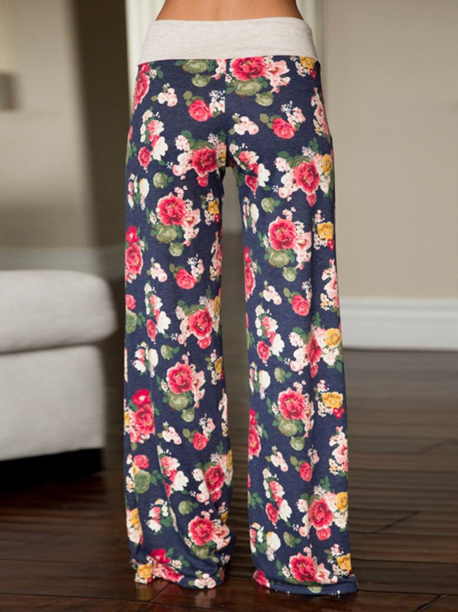 Women's Comfy Casual Pajama Pants Floral Print Drawstring Palazzo Lounge Pants Wide Leg