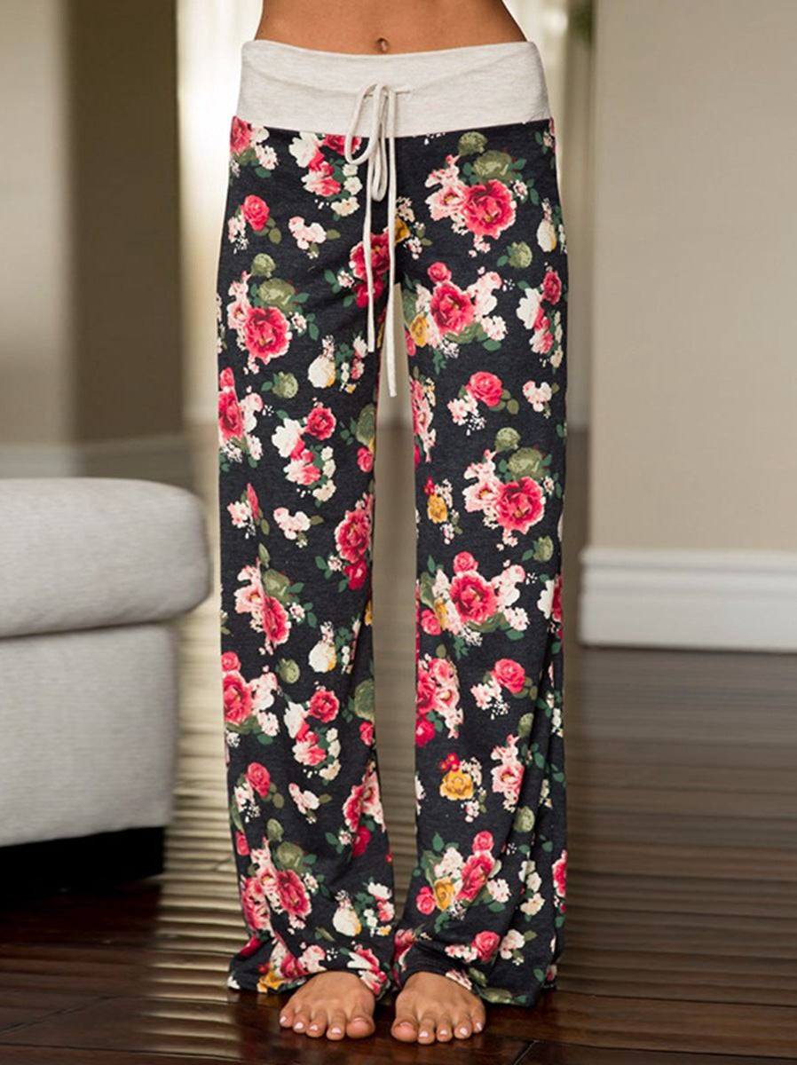 Women's Comfy Casual Pajama Pants Floral Print Drawstring Palazzo Lounge Pants Wide Leg