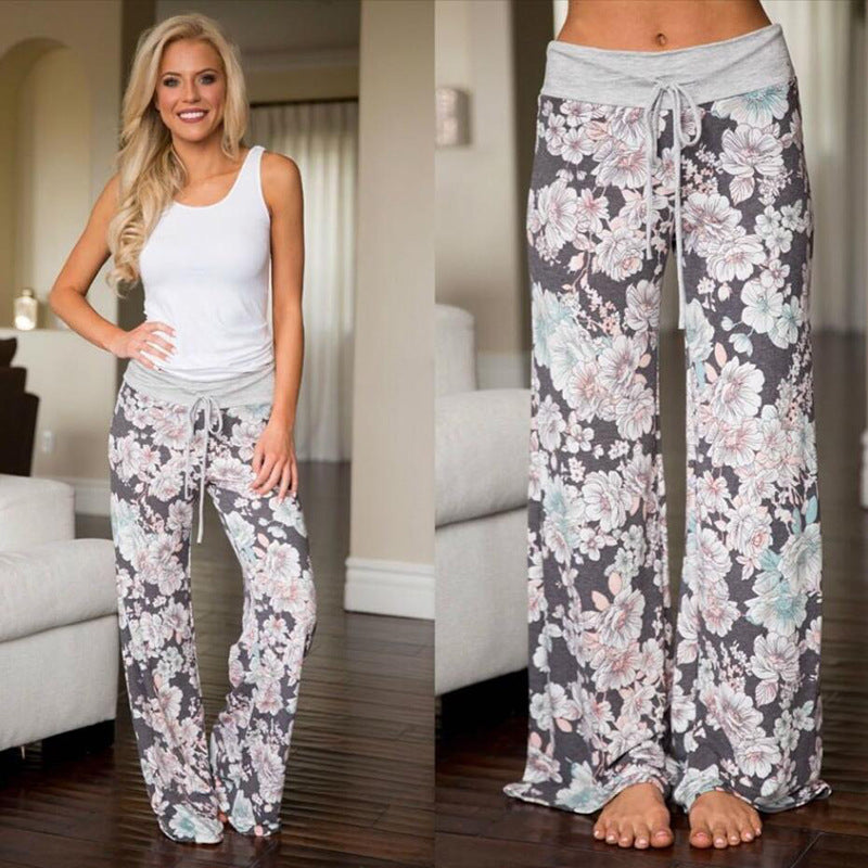 Women's Comfy Casual Pajama Pants Floral Print Drawstring Palazzo Lounge Pants Wide Leg