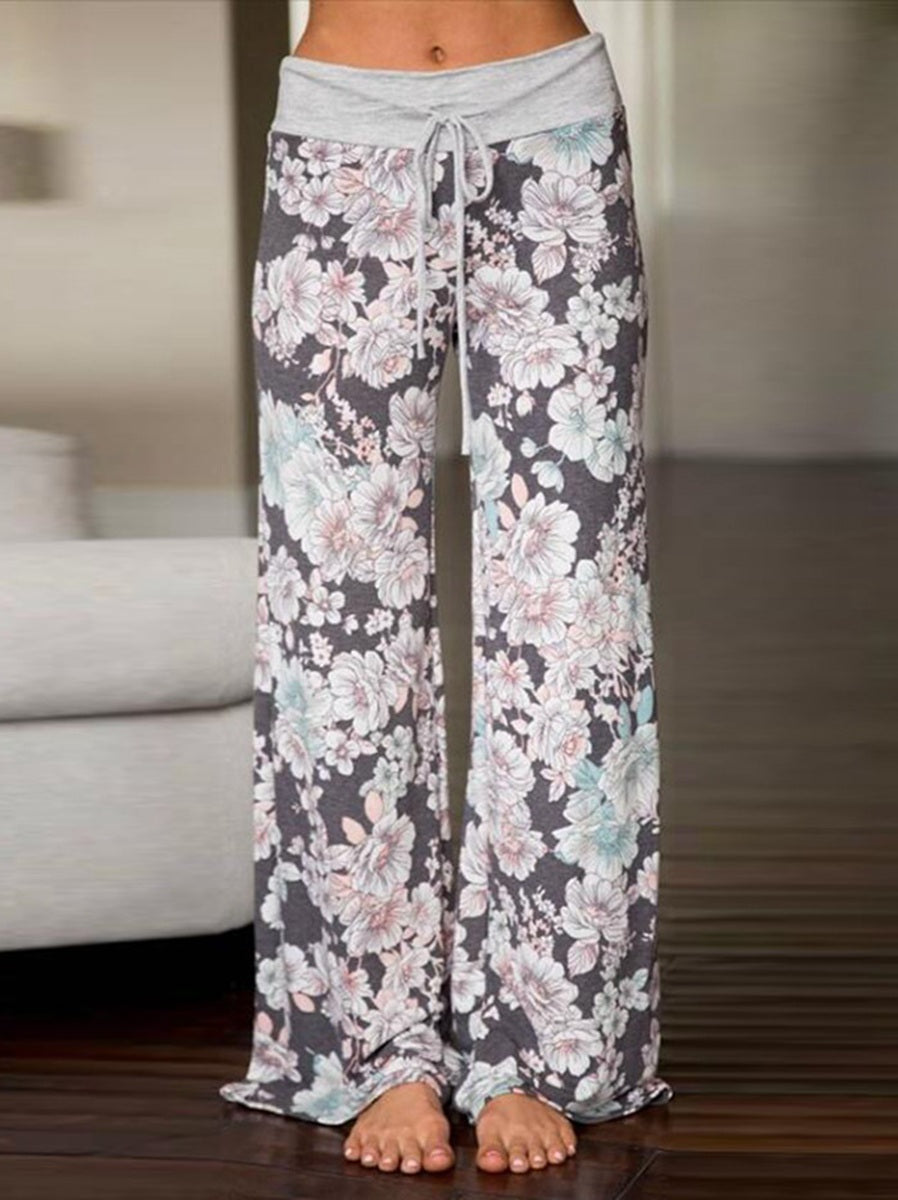Women's Comfy Casual Pajama Pants Floral Print Drawstring Palazzo Lounge Pants Wide Leg