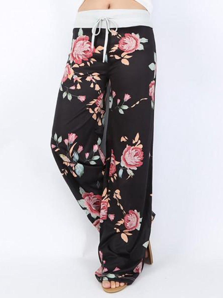 Women's Comfy Casual Pajama Pants Floral Print Drawstring Palazzo Lounge Pants Wide Leg