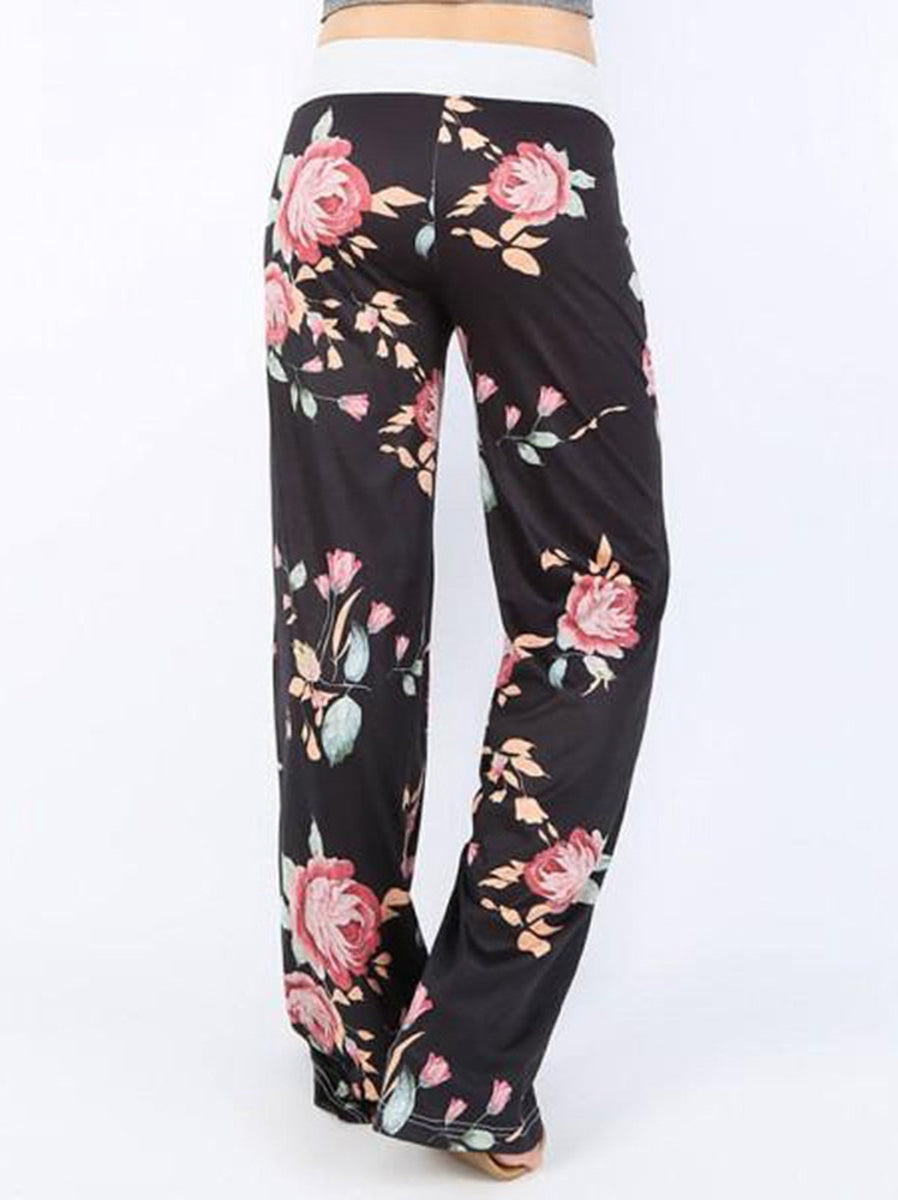 Women's Comfy Casual Pajama Pants Floral Print Drawstring Palazzo Lounge Pants Wide Leg