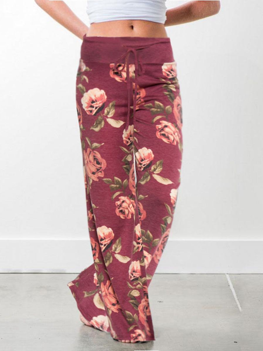 Women's Comfy Casual Pajama Pants Floral Print Drawstring Palazzo Lounge Pants Wide Leg