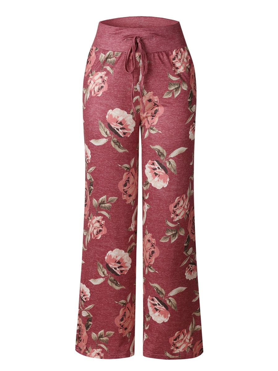 Women's Comfy Casual Pajama Pants Floral Print Drawstring Palazzo Lounge Pants Wide Leg
