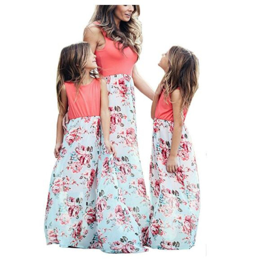 Mommy and Me Dresses Casual Floral Family Outfits Summer Matching Maxi Dress With Pockets