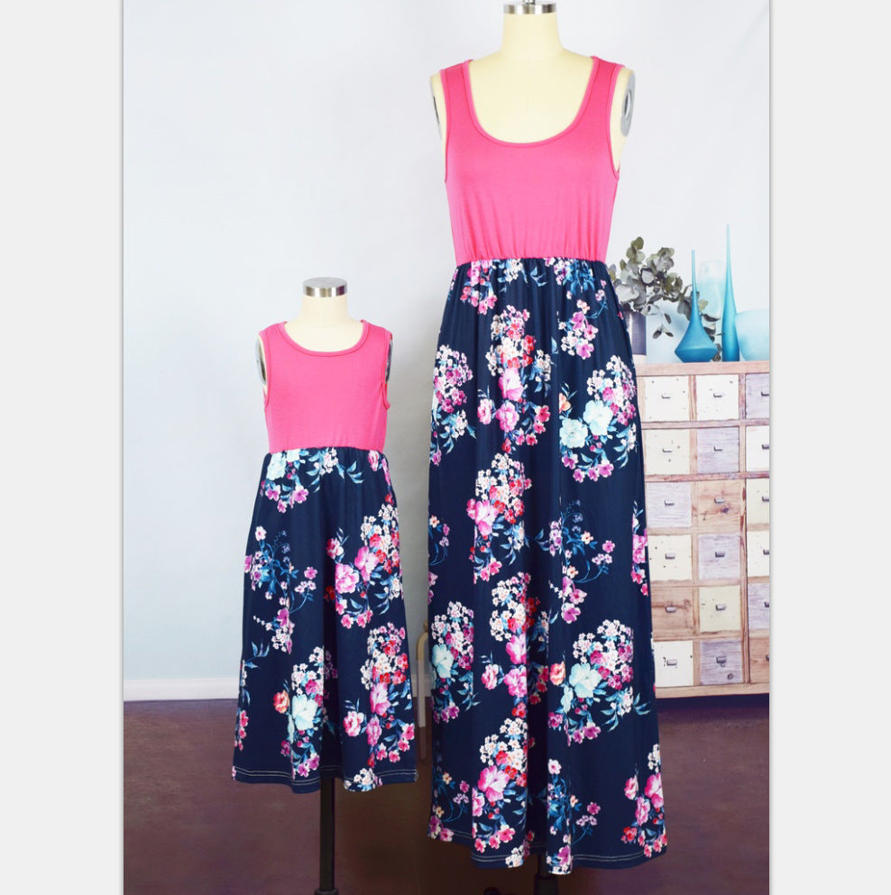 Mommy and Me Dresses Casual Floral Family Outfits Summer Matching Maxi Dress With Pockets