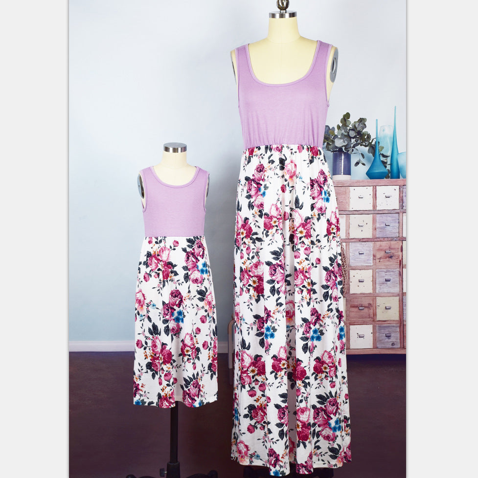Mommy and Me Dresses Casual Floral Family Outfits Summer Matching Maxi Dress With Pockets