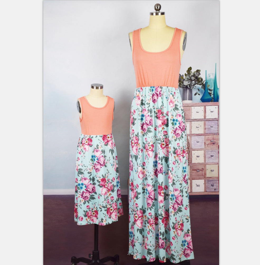 Mommy and Me Dresses Casual Floral Family Outfits Summer Matching Maxi Dress With Pockets