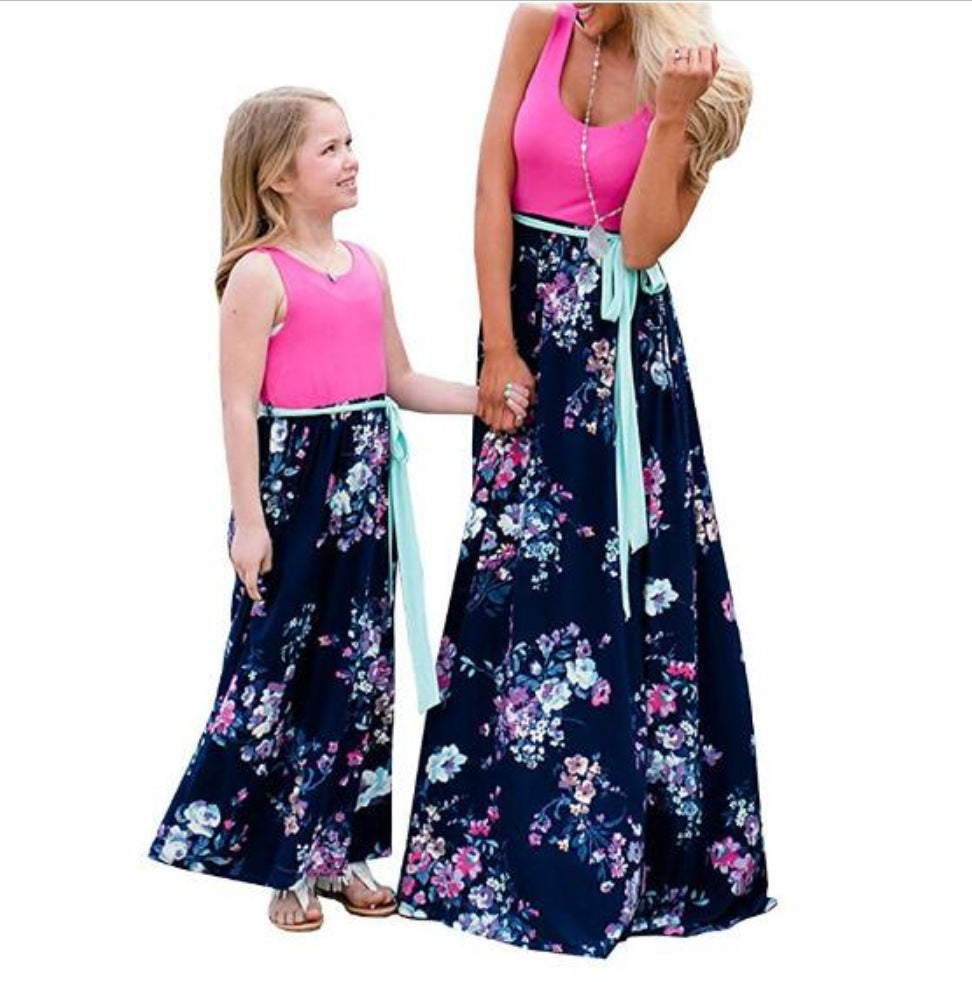 Mommy and Me Dresses Casual Floral Family Outfits Summer Matching Maxi Dress With Pockets