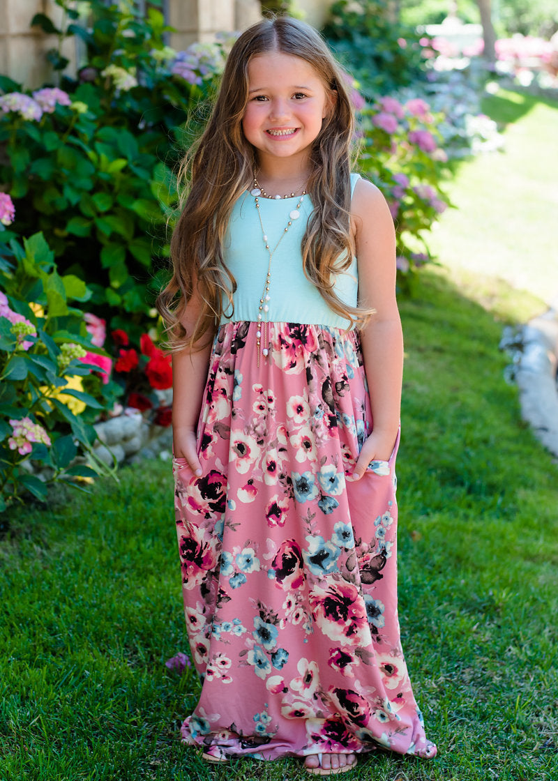 Mommy and Me Dresses Casual Floral Family Outfits Summer Matching Maxi Dress With Pockets