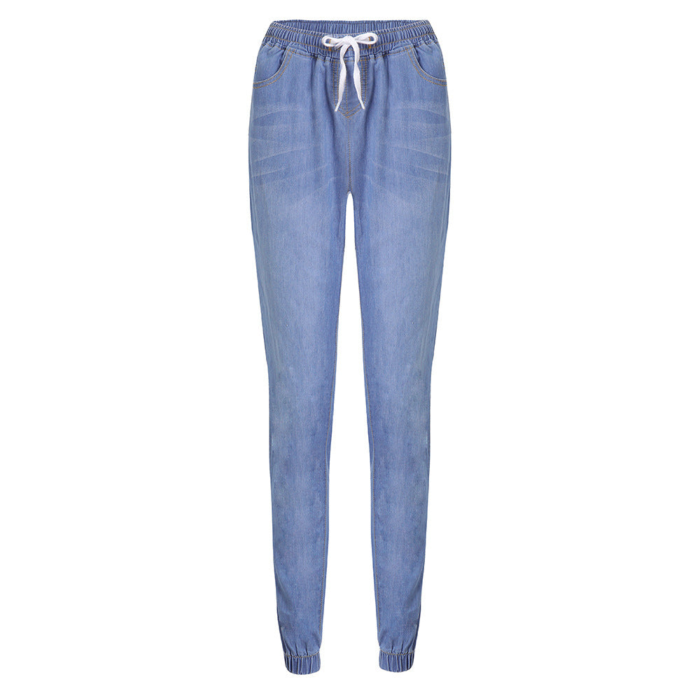 Womens Active Stretch Drawstring Joggers Pants Pull On Distressed Elastic Denim Shorts