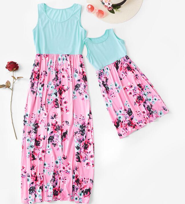 Mommy and Me Dresses Casual Floral Family Outfits Summer Matching Maxi Dress With Pockets