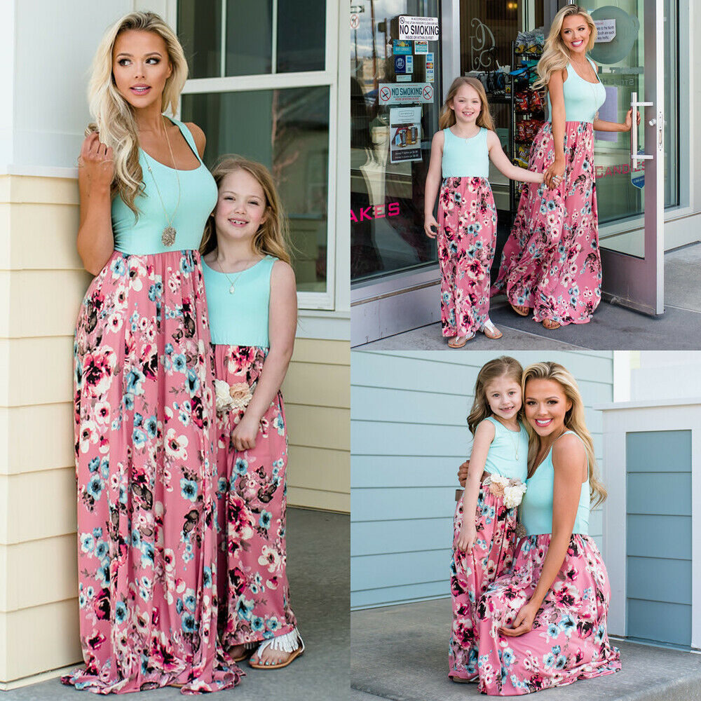 Mommy and Me Dresses Casual Floral Family Outfits Summer Matching Maxi Dress With Pockets