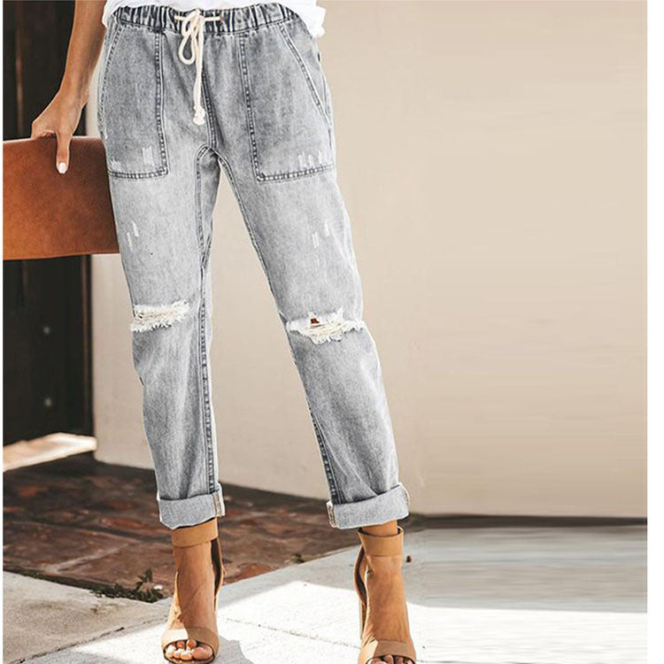 Women Pull-on Distressed Ripped Denim Joggers Elastic Waist Drawstring Stretch Pants