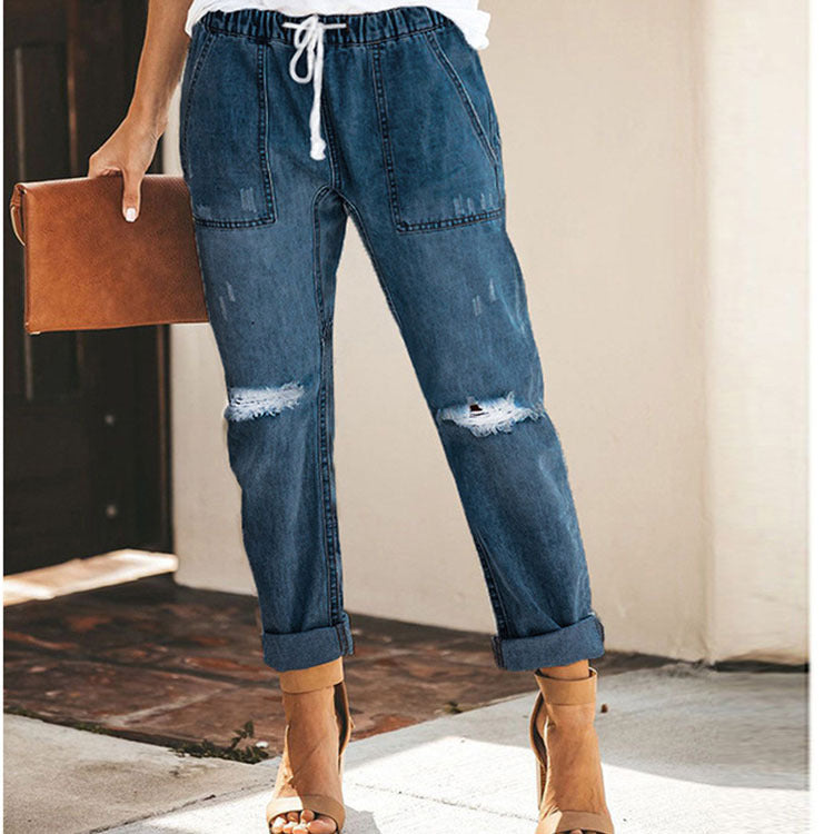 Women Pull-on Distressed Ripped Denim Joggers Elastic Waist Drawstring Stretch Pants