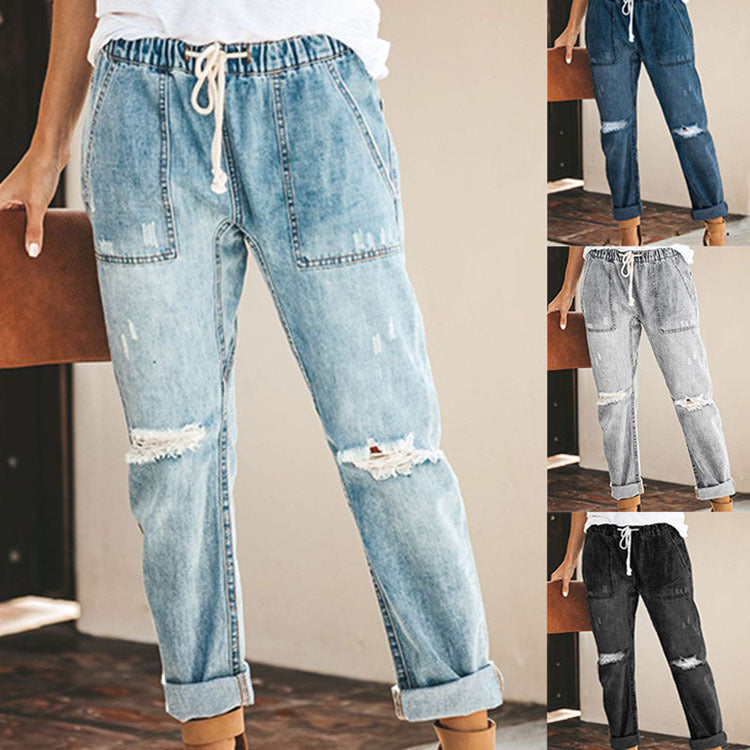 Women Pull-on Distressed Ripped Denim Joggers Elastic Waist Drawstring Stretch Pants