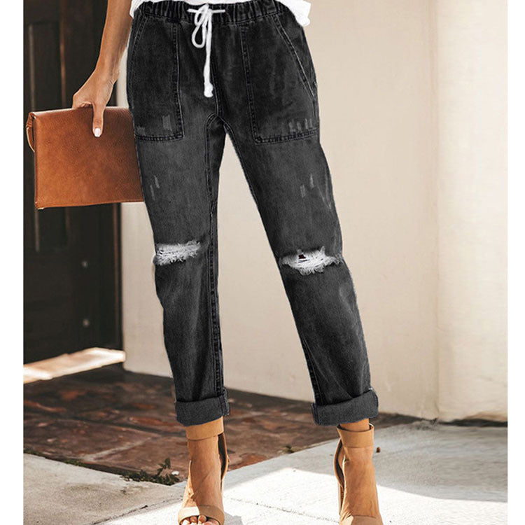 Women Pull-on Distressed Ripped Denim Joggers Elastic Waist Drawstring Stretch Pants