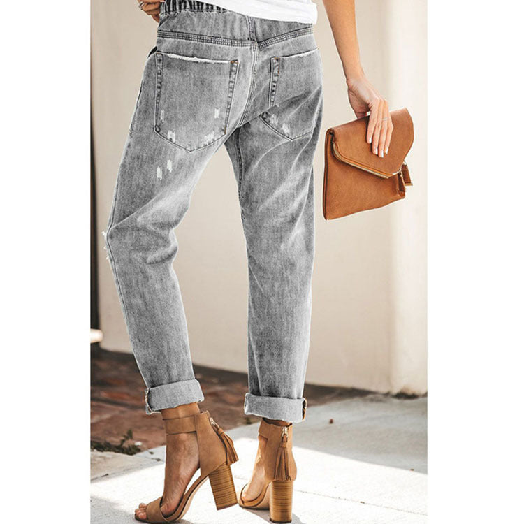 Women Pull-on Distressed Ripped Denim Joggers Elastic Waist Drawstring Stretch Pants