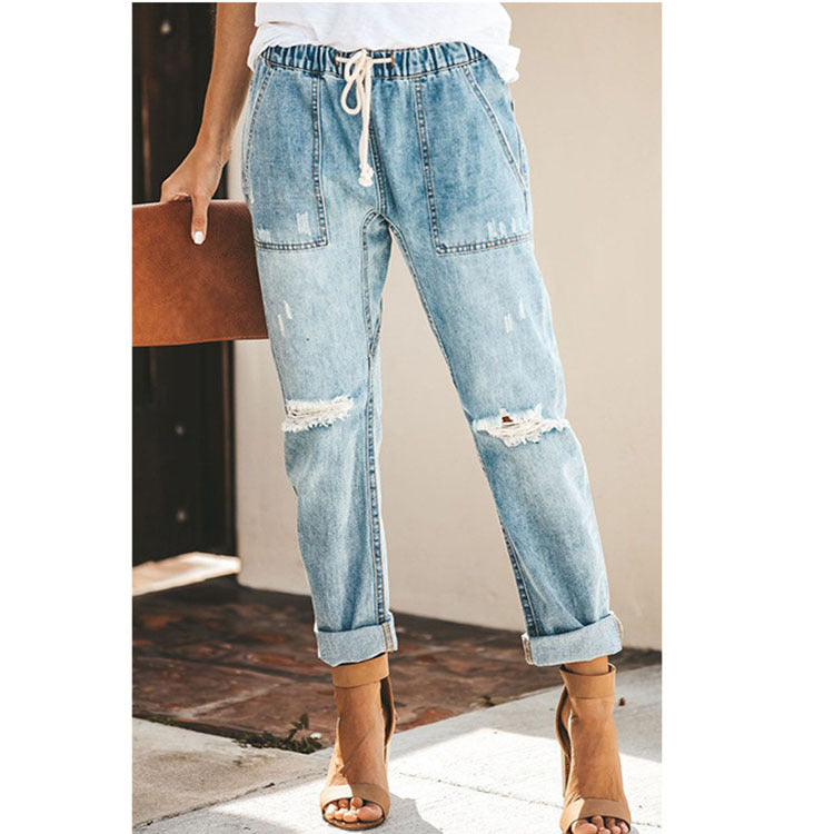 Women Pull-on Distressed Ripped Denim Joggers Elastic Waist Drawstring Stretch Pants