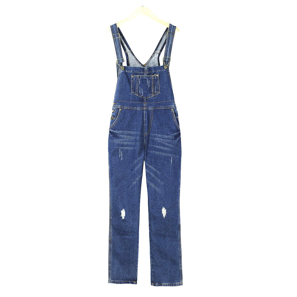 Women Loose Denim Jumpsuit Dungarees Ripped Jeans Straps Overalls Trousers Sleeveless With Baggy Pockets