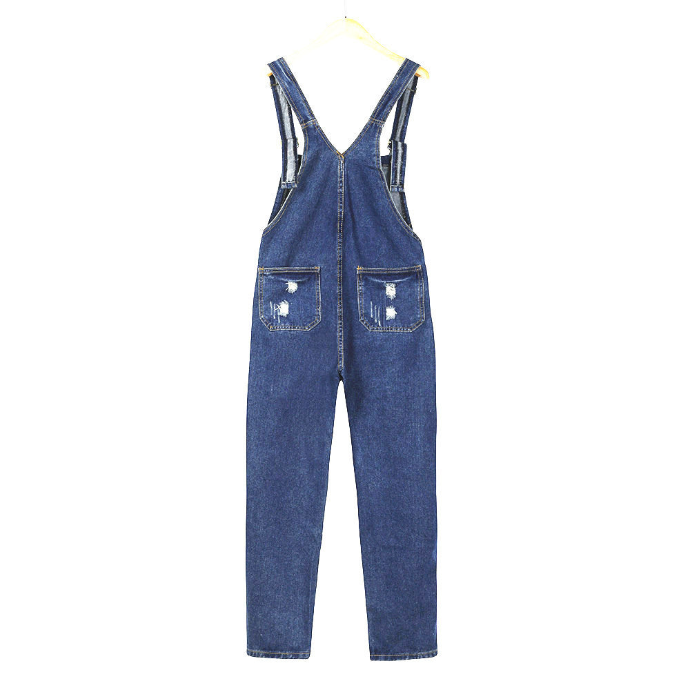 Women Loose Denim Jumpsuit Dungarees Ripped Jeans Straps Overalls Trousers Sleeveless With Baggy Pockets