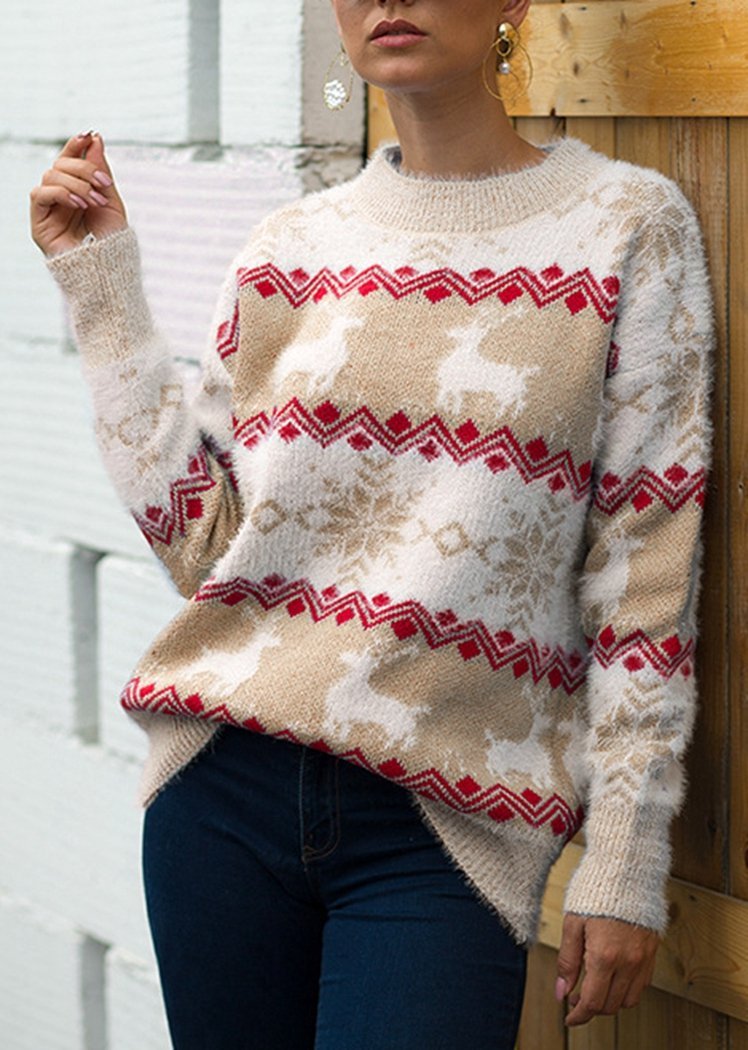 Fashion Snow Deer Print Striped Long Sleeve Round Neck Knitted Sweater Christmas Tops