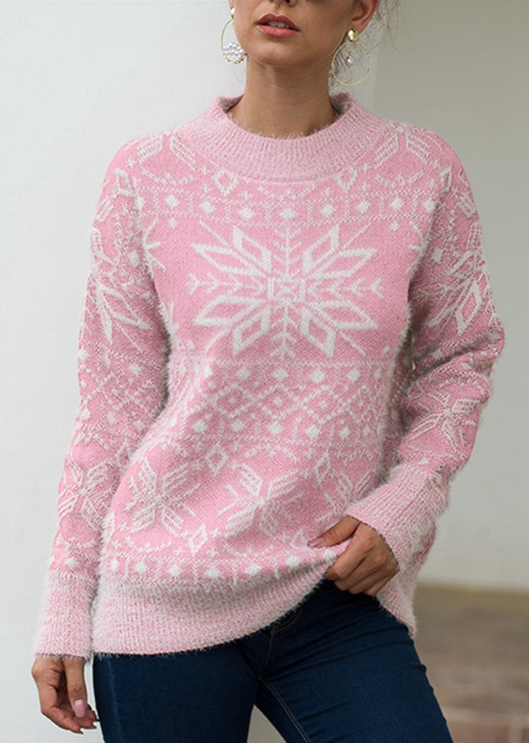 Fashion Snow Print Long Sleeve Round Neck Knitted Sweater Christmas Tops