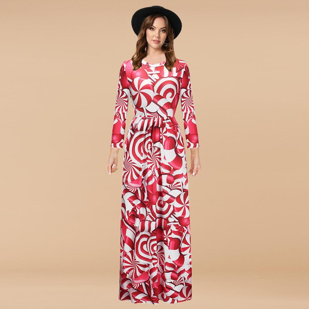 Fashion Red Candies Printing Long Sleeve Round Neck Christmas Maxi Dress With Pocket