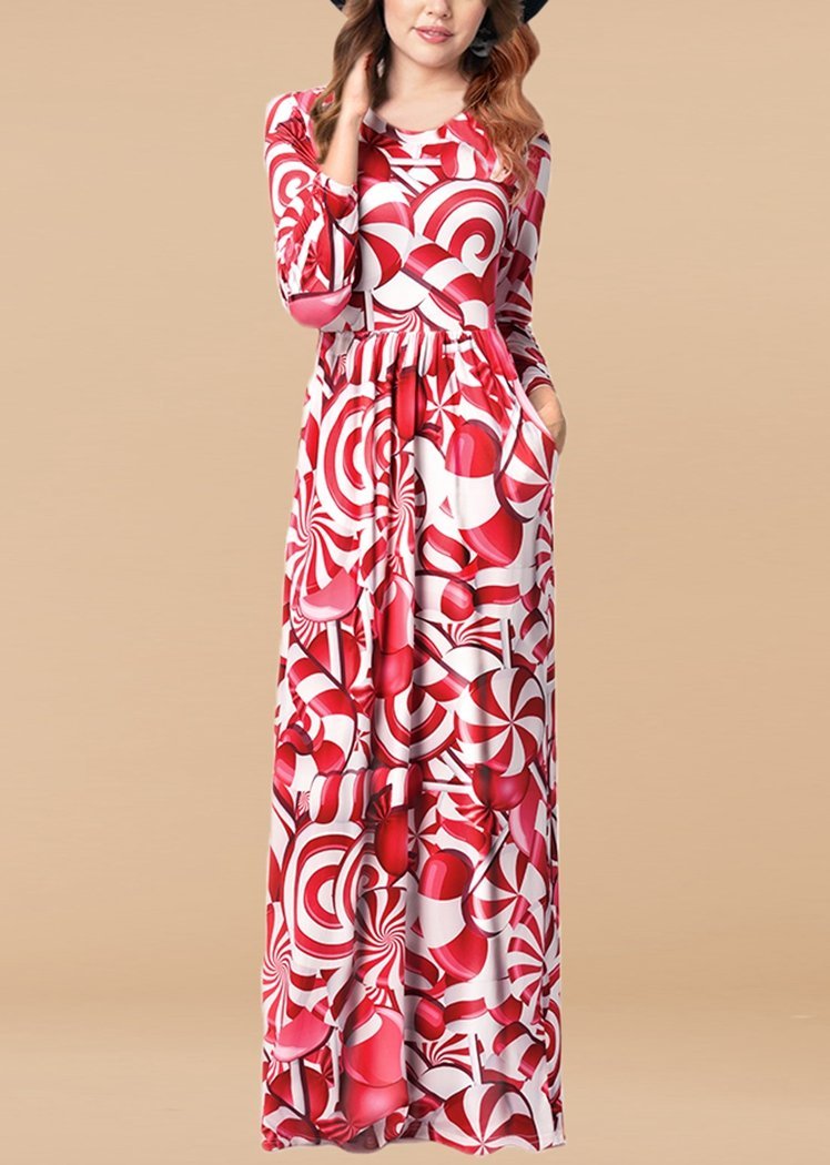 Fashion Red Candies Printing Long Sleeve Round Neck Christmas Maxi Dress With Pocket