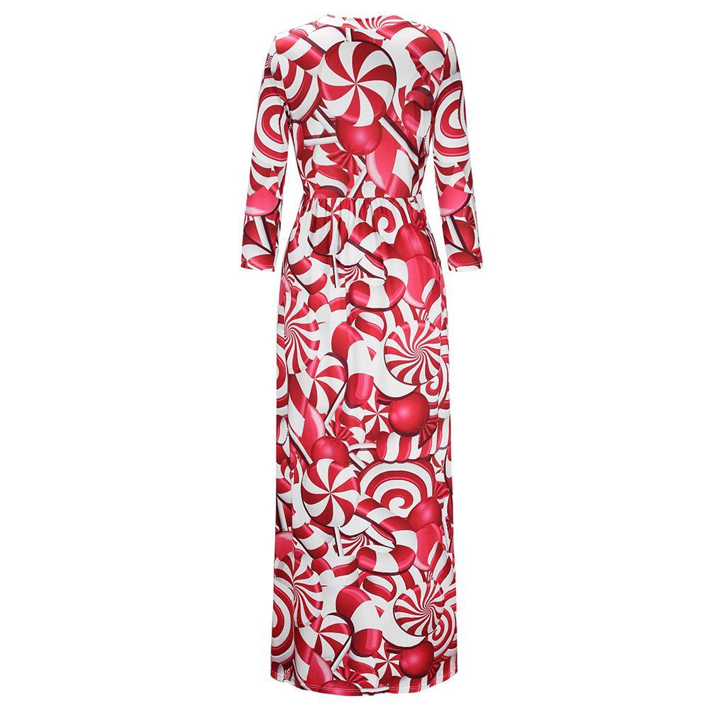 Fashion Red Candies Printing Long Sleeve Round Neck Christmas Maxi Dress With Pocket