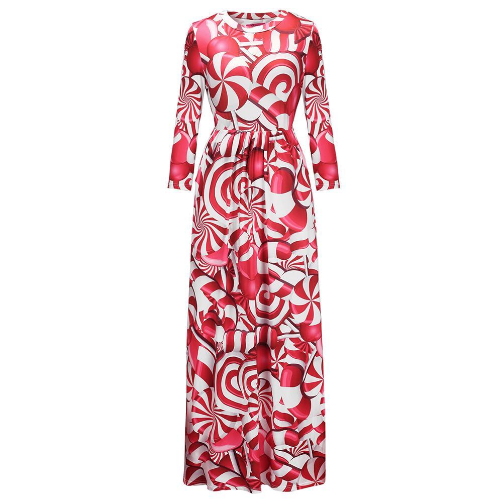 Fashion Red Candies Printing Long Sleeve Round Neck Christmas Maxi Dress With Pocket