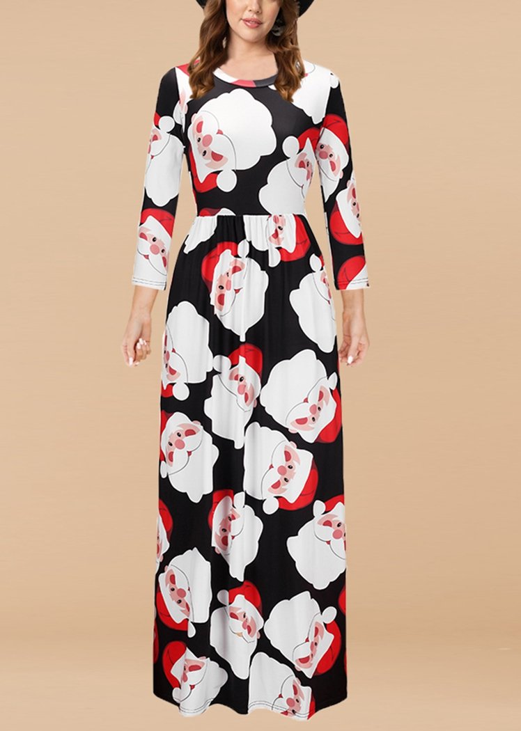Fashion Black Santa Claus Printing Long Sleeve Round Neck Christmas Maxi Dress With Pocket