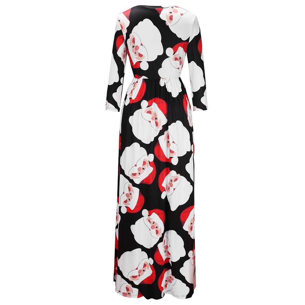 Fashion Black Santa Claus Printing Long Sleeve Round Neck Christmas Maxi Dress With Pocket